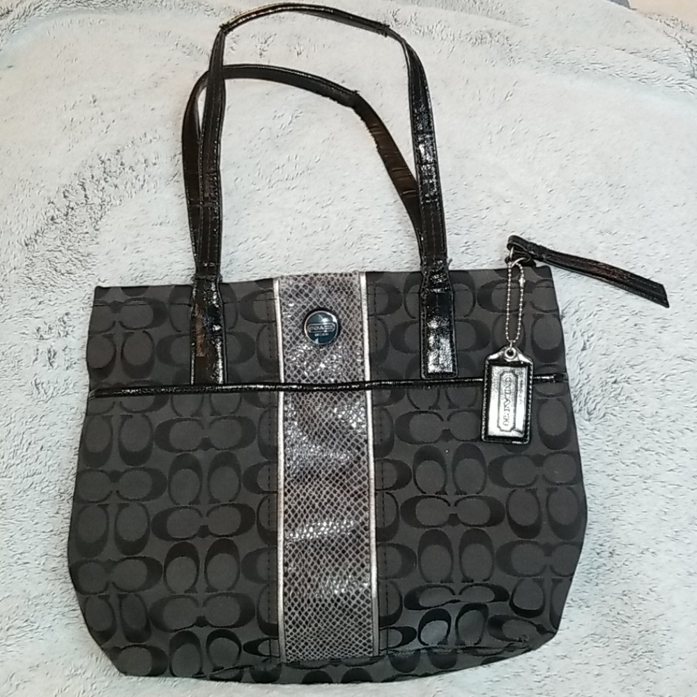 Coach Black Canvas Bag w/ Snakeskin Embellishment